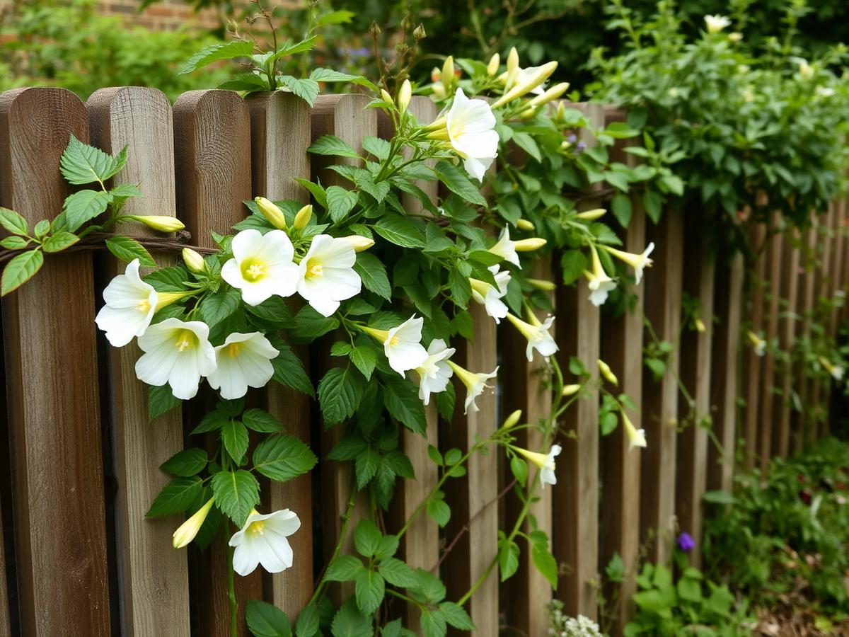 Bindweed twines anti-clockwise up fences and shrubs; the white trumpet flowers appear from June and confirm identification. White trumpet-shaped bindweed flowers twining along a wooden garden fence