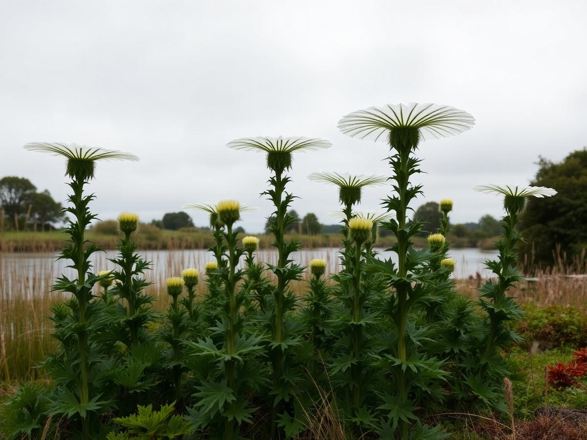 Flower heads can reach 60cm wide on plants over 3m tall — the clearest summer identification feature. Tall Giant Hogweed plants with wide white umbrella-shaped flower heads beside a UK river