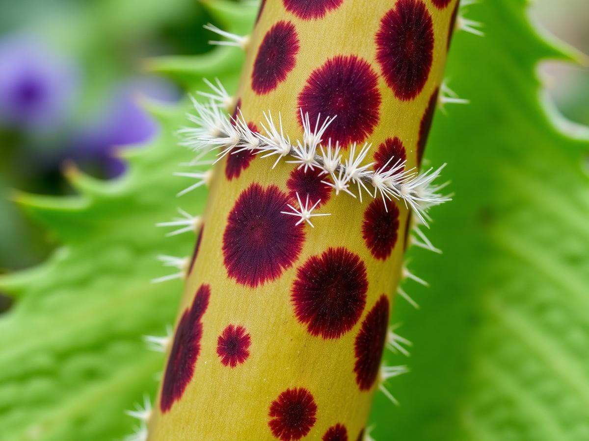 Purple blotching and stiff white bristles on a hollow stem confirm Giant Hogweed. The sap causes severe burns — never strim or cut it. Close-up of a Giant Hogweed stem showing purple blotches and coarse white bristles