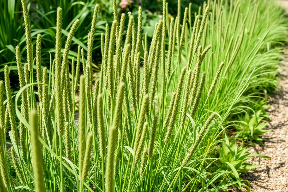 Bottle-brush shoots regrow from rhizomes up to two metres deep, which is why digging alone never works. Marestail horsetail shoots growing through a planted garden border