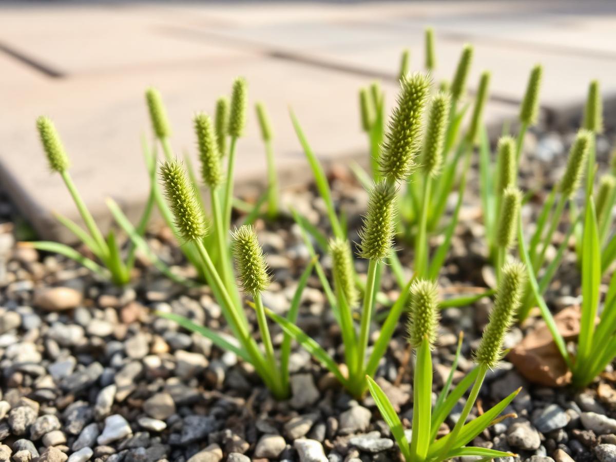 Marestail exploits joints in paving, gravel and tarmac — a sign the rhizome network already runs under the surface. Marestail shoots pushing up through gravel and paving joints