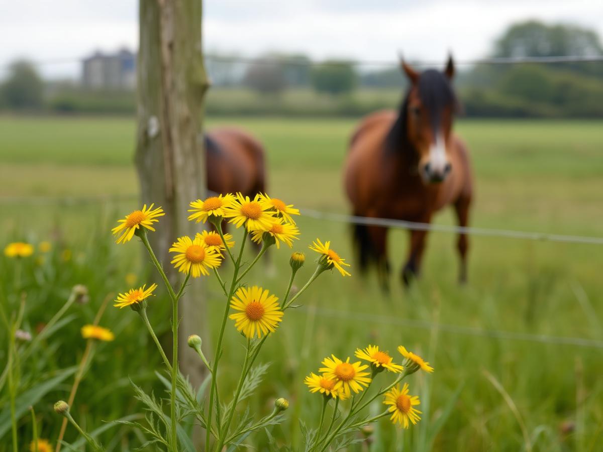 Ragwort is toxic to horses and cattle — landowners have a legal duty to control it where it threatens grazing. Yellow ragwort flowers growing in a grazing paddock with a horse in the background