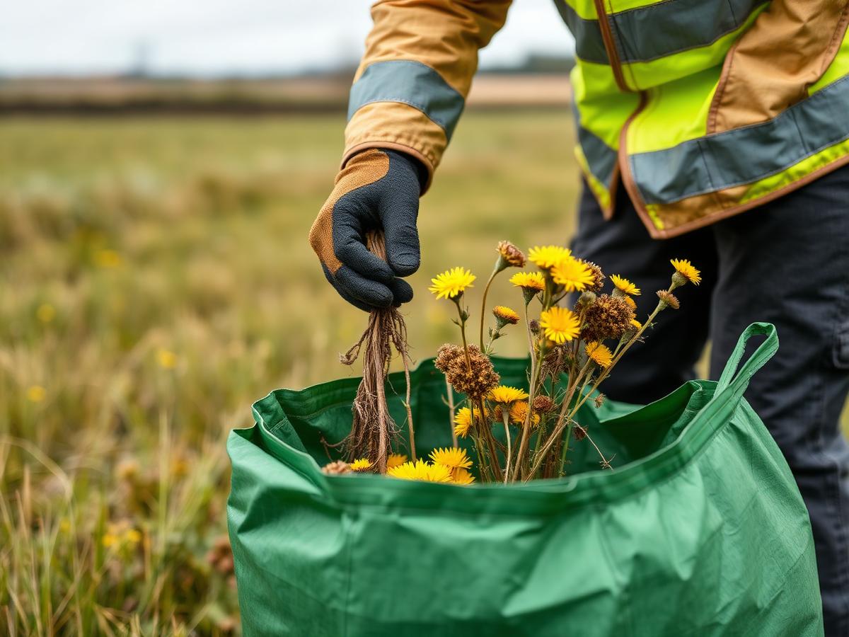 Pulled ragwort stays toxic as it wilts, so every plant is bagged and removed for licensed disposal, never left on the ground. Worker in gloves and hi-vis placing pulled ragwort plants into a green waste sack